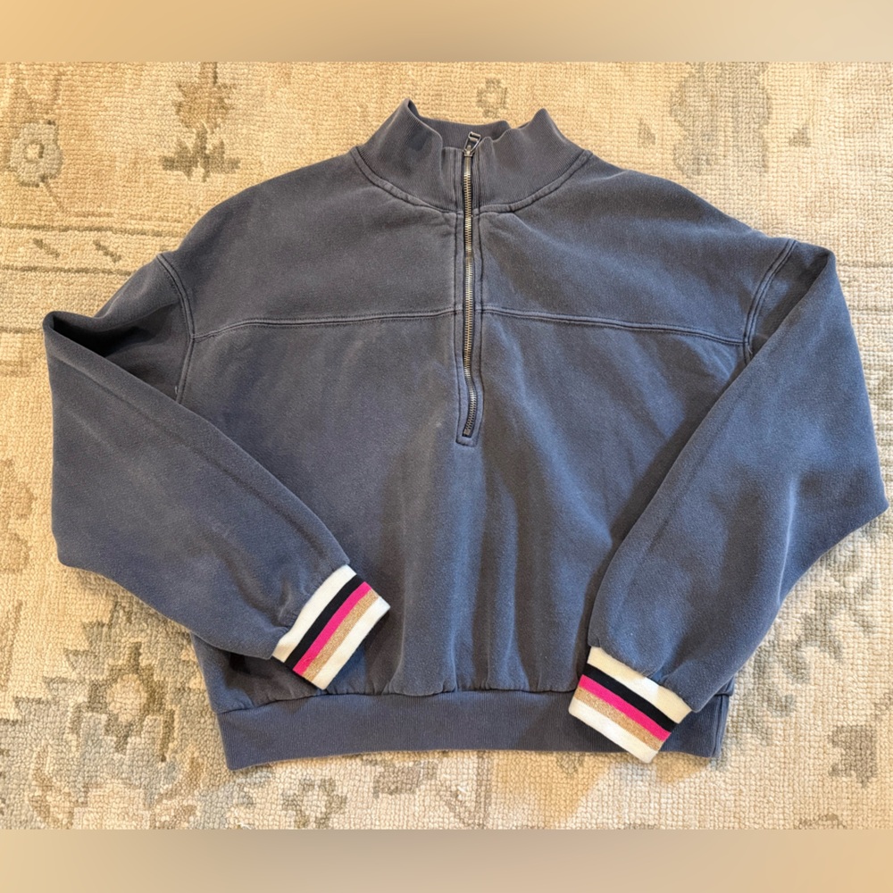 Sundry Blue Half-Zip Sweater with Multicolor Cuffs